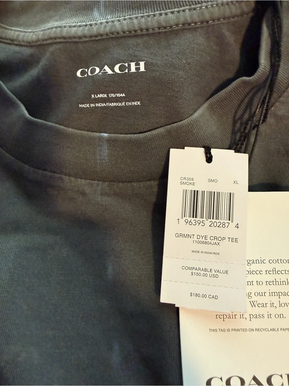 Coach Charcoal Gray Short sleeve Cropped Logo Tee Shirt NWT
